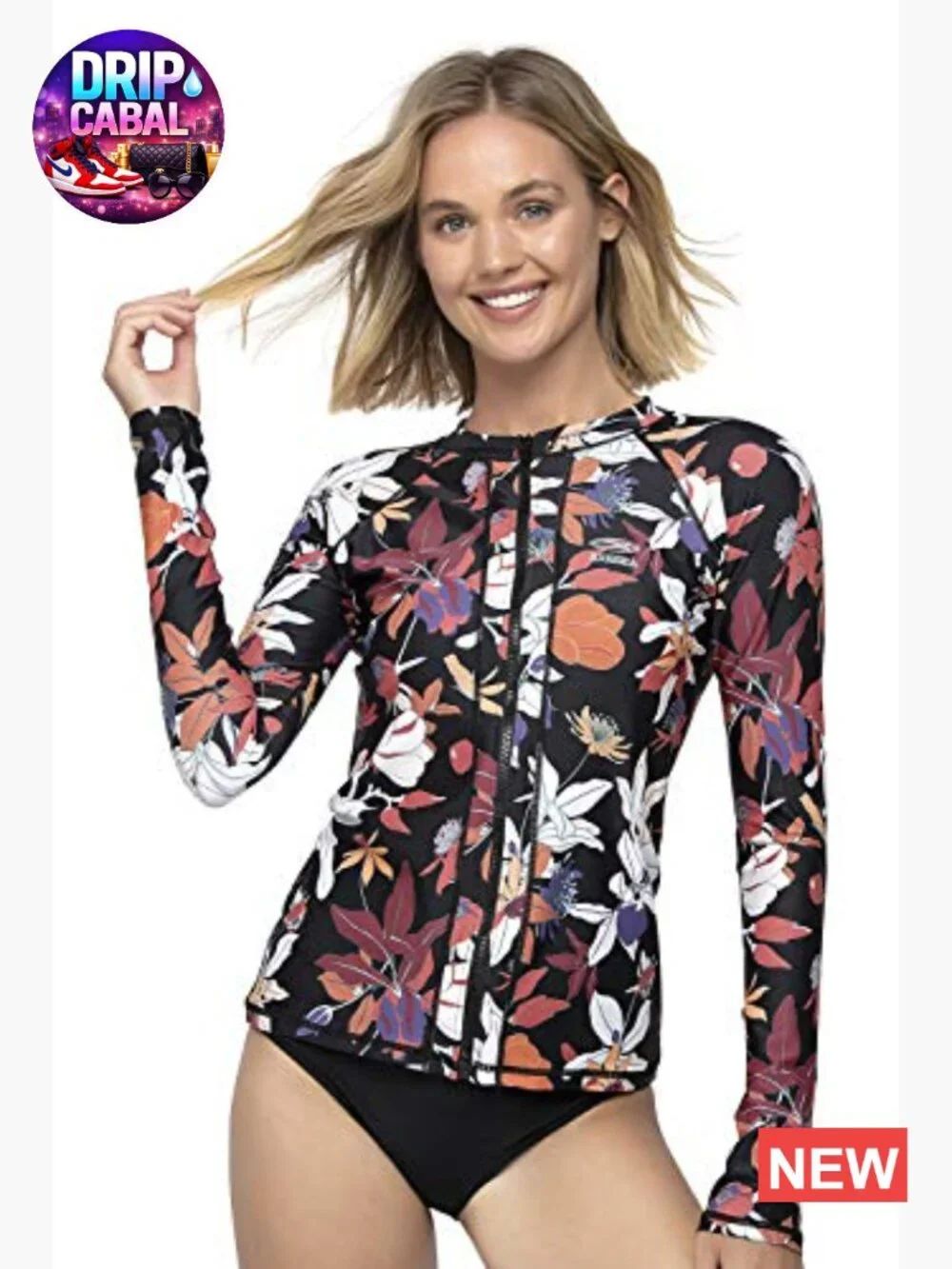 Long Sleeve Rash Guard UPF 50+ Zip Front Swimsuit Shirt